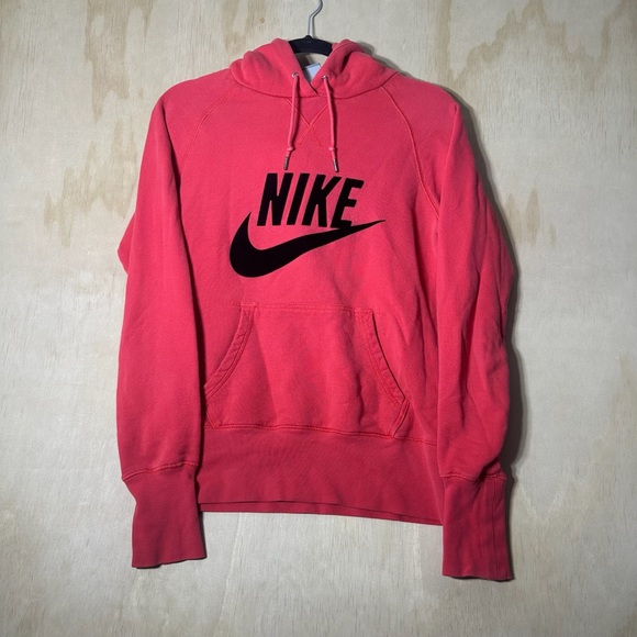 Nike Womens Sweater Large Red Hoodie Fleece Center Swoosh Suede Logo - Picture 1 of 6